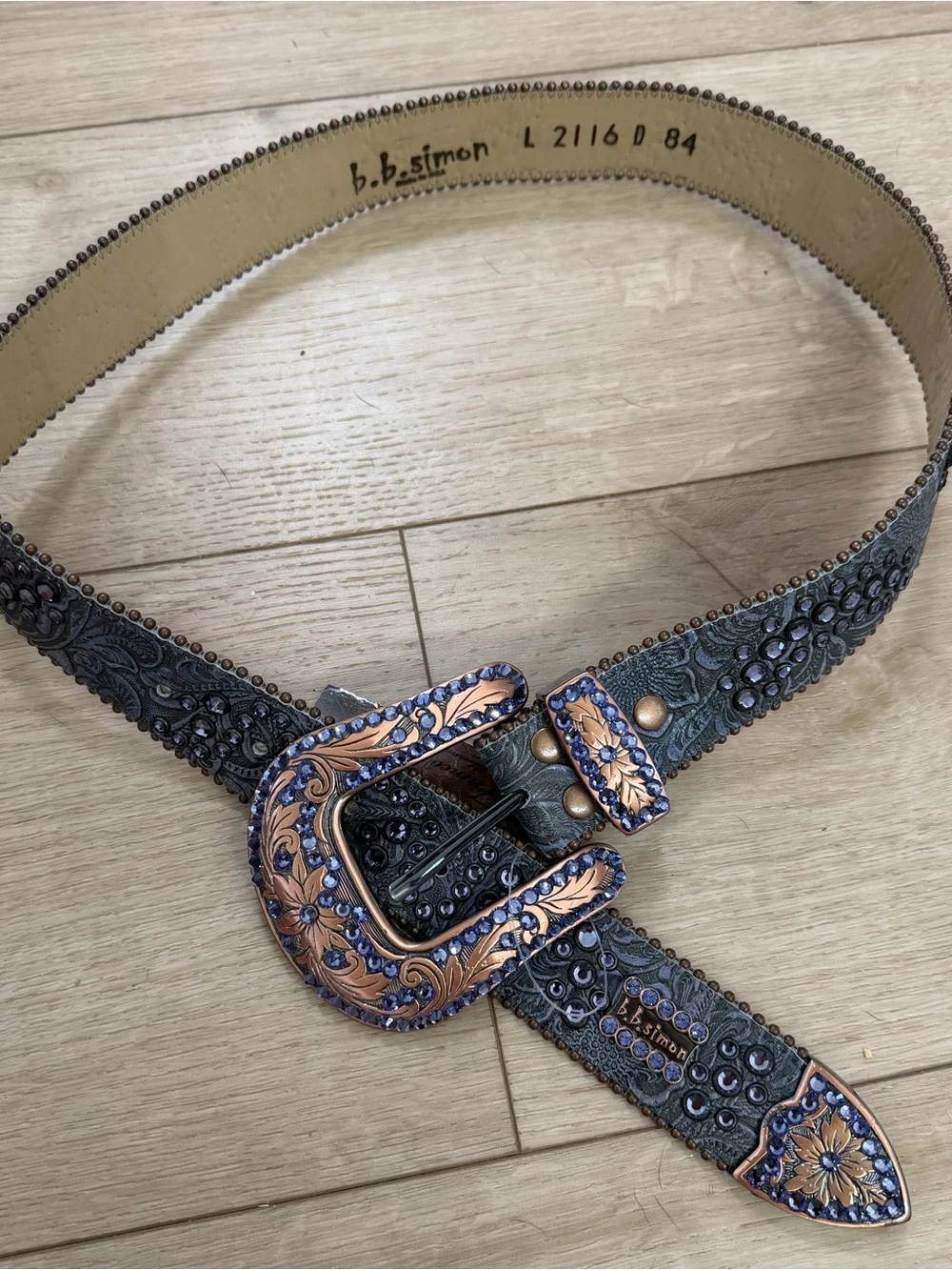 B.B. Simon Embossed Leather Belt with Copper Floral Buckle Purple Rhinestone NWT